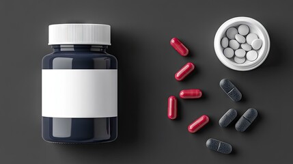 A dark-blue pill bottle with a blank label sits beside scattered red and dark-grey capsules and a small container of white tablets, all on a dark-grey background.  