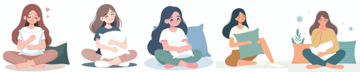vector woman sitting on the floor hugging a pillow