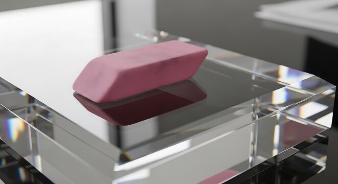 Minimalist desk scene with pink eraser resting on polished glass surface