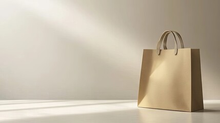 A light tan paper shopping bag with rope handles sits on a minimalist off-white floor, illuminated by a shaft of sunlight angled from the upper left, casting shadows on the floor and bag