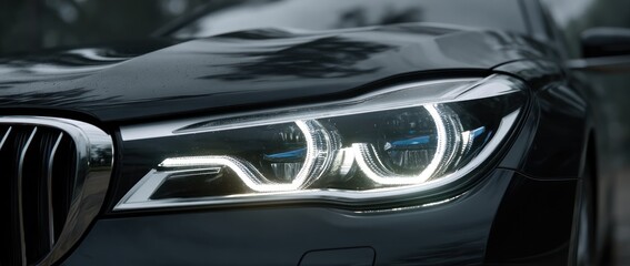 A sleek black car's headlight shines brightly in a close-up shot, highlighting its modern design and the car's elegant front grill detail