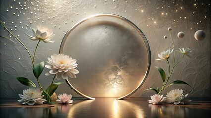 Serene Golden Circle Backdrop with Elegant White Flowers and Subtle Shimmering Lights