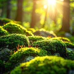 Sunlight bathes mossy rocks in a forest glade, creating a tranquil, natural scene filled with verdant hues and dappled light