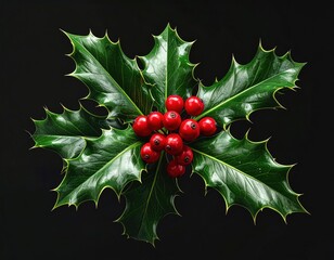 Christmas holly, showing glossy green leaves and bright red berries arranged centrally on a solid, dark background