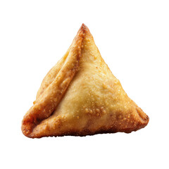 Golden brown, triangular samosa, crispy exterior, filled with savory contents