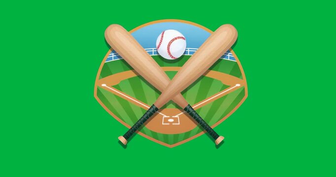 Opening fading bats and ball emblem, descending ball and pulsing glow completing on transparent bg