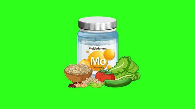 Vitamin Supplement Bottle with Healthy Foods Animation on Green Screen