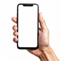 Hand holds a black smartphone with a bright white screen, isolated on white background, showing the device being held vertically