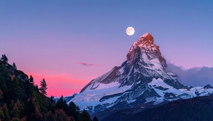 Majestic snowy mountain peak bathed in the soft glow of the full moon, set against a gradient of pink and blue twilight sky