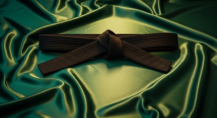 Knotted Martial Arts Black Belt Displayed on Emerald Green Silk Fabric
