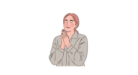 Young woman with closed eyes and clasped hands in moment of gratitude, hope, or prayer