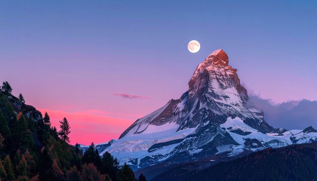 Majestic snowy mountain peak bathed in the soft glow of the full moon, set against a gradient of pink and blue twilight sky