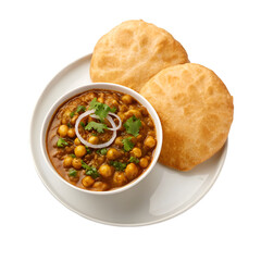 Bowl of Chickpea Curry with Two Fried Breads on White Plate chole bhature chana masala