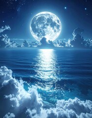 Full moon casts a radiant path upon the serene ocean waters, framed by fluffy clouds beneath a starlit, deep blue nocturnal sky