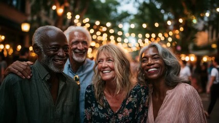 Joyful Multi-Ethnic Senior Group Smiling and Laughing at an Outdoor Evening Event with Bokeh Lights
