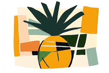 Abstract stylized pineapple illustration with a muted color palette of oranges, yellows, greens, and beige, set against a geometric, collaged background