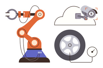 Robotic arm, CCTV camera with cloud, and smart tire pressure monitor exploring industry, technology, and IoT. Ideal for innovation, automation, smart devices, robotics cloud computing smart