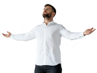 Man in white shirt with arms outstretched looking up against a black background in a studio setting