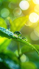 Dewy leaf illuminated by sunlight. Water droplets cling to vibrant green foliage in soft focus, sparkling with light and bokeh effects