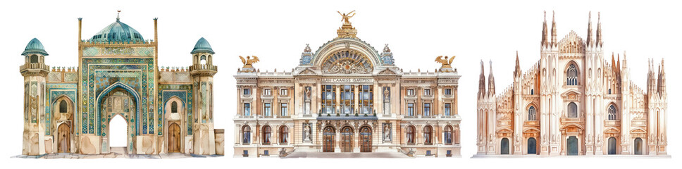Fototapeta premium PNG Iconic architectural landmarks illustration, element set on transparent background