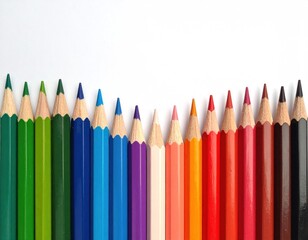 A vibrant row of colorful pencils stands neatly against a plain white background, creating a lively and creative impression