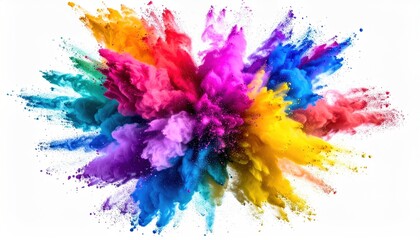 A vibrant burst of pigmented powder, radiating outward in an explosion of rainbow hues against a stark white background