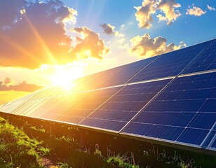 Solar panels gleam under a radiant sunset, against a vibrant blue and white sky and rolling green grass, for clean energy generation