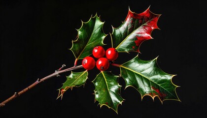 Sprig of bright green holly leaves with red berries, against a dark backdrop, symbolizing festive winter holiday celebrations