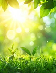 Sunny meadow, vibrant green grass, young sprouts, leaves, and bright sunbeams create a refreshing and hopeful, natural scene