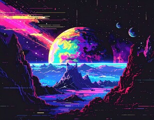 A surreal, pixelated view of a cosmic landscape, with planets, mountains, and vibrant, digitized skies in pinks, blues, and purples