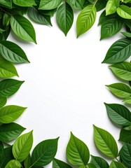 Fresh vibrant green leaves arranged around a blank white central space, creating a natural frame