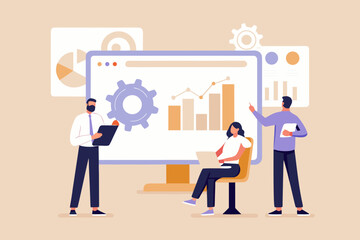 Business team collaborating on data analysis and strategy development with charts and graphs