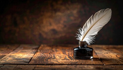 Quill pen standing in inkwell on weathered, rustic wooden surface against dark, mottled background, in soft, vintage-style lighting