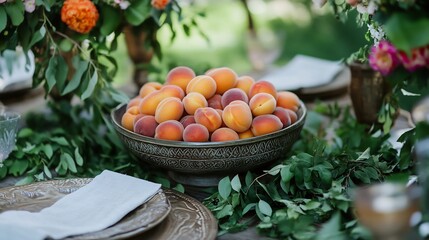 Bowl overflowing with fresh apricots set on an outdoor table surrounded by lush greenery and flowers creating a summery picnic vibe with rich colors and natural textures