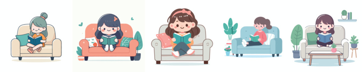 vector little girl relaxing on sofa reading book