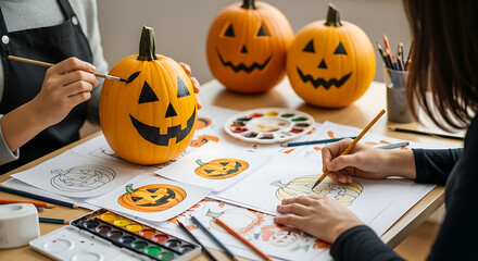 Children painting festive halloween pumpkins with spooky faces in preparation for a fun fall holiday celebration at home together