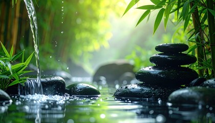 Water flows over smooth black stones in a serene pond amidst lush green bamboo, bathed in soft, diffused light