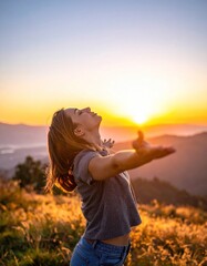 Woman stands atop grassy hill, arms outstretched, bathed in golden sunset light, mountains in distance, peaceful, serene and freeing moment