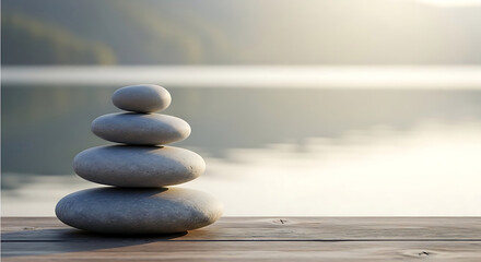 A meditative pyramid of balanced stones symbolizing stability and inner peace on a wooden dock overlooking a tranquil lake at sunrise