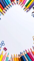 Colorful pencils form frame on white, complemented by paperclips and a sharpener, creating a vibrant, organized, artistic composition