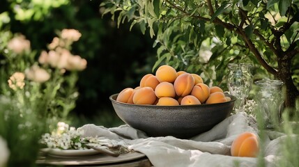 Bowl overflowing with fresh apricots set on an outdoor table surrounded by lush greenery and flowers creating a summery picnic vibe with rich colors and natural textures
