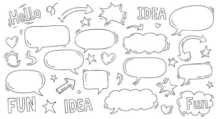 Doodle speech bubbles, stars, arrows, and hearts perfect for creative design and marketing