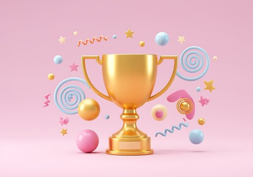 Golden trophy surrounded by cheerful pastel shapes and stars on a pink background celebrating achievement and success