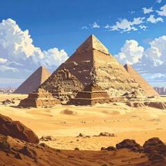 Stunning pyramid complex under bright blue sky with scattered clouds, golden sand desert in foreground, distant city on horizon