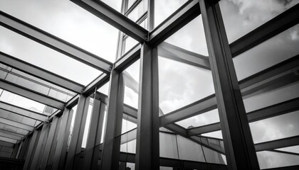 Steel beams & glass windows converge to form a geometric pattern; cloudy sky reflection visible in b/w