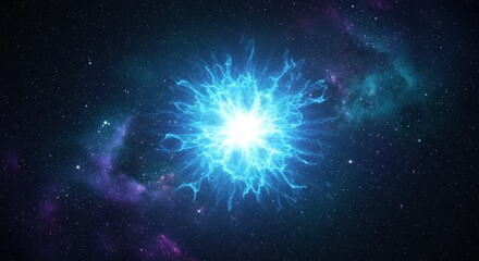 Cosmic explosion with bright blue energy and distant nebulae