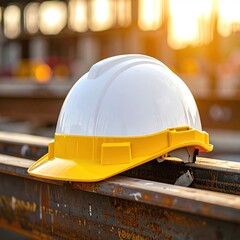 A white hard hat with a yellow brim rests on rusty metal beams, blurred golden light in the background