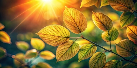 Fototapeta premium Golden Hour Leaves Backlit Branch with Vibrant Autumn Foliage Displaying Intricate Vein Patterns and Subtle Color Variations