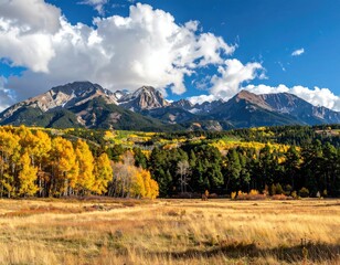 Landscape with mountains & golden trees under a blue sky with white clouds. Tall dry grass in foreground adds to the vibrant scene