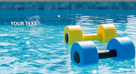 Two vibrant yellow and blue water dumbbells float serenely on the surface of a tranquil pool, creating a peaceful and active aquatic scene.